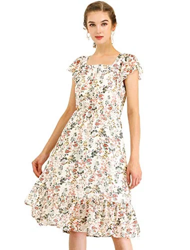 Women's Floral Chiffon Flutter Sleeve Belted Square Neck Ruffled Hem Dress | Original Brand Best floral dresses for beach vacations