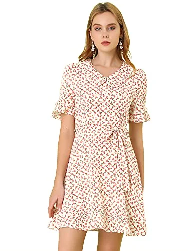 Women's Floral Peter Pan Collar Short Sleeve Belted Flare Ruffle Dress | Original Brand Satin floral dresses