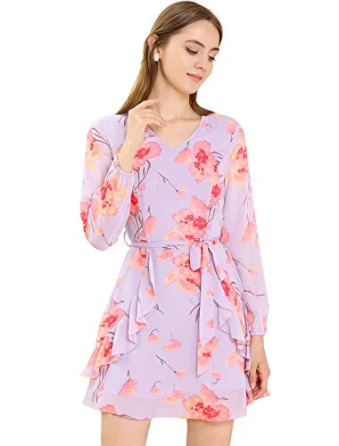 Women's Floral Print V Neck Ruffle Front A-line Belted Flowy Dress | Original Brand Flattering floral dresses for all body types