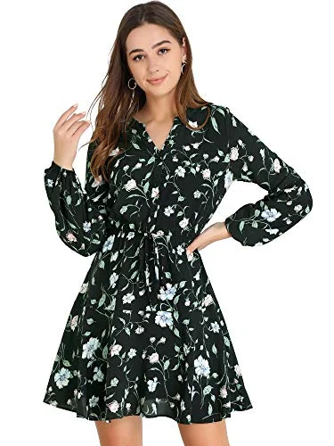 Women's Floral Print Vintage Button Front Puff Sleeve Tie Shirt Dress | Original Brand Romantic floral dresses