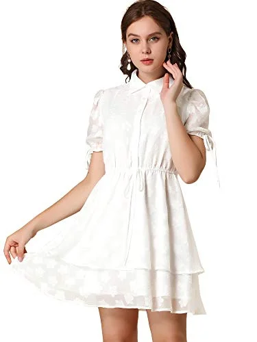 Women's Peter Pan Collar Floral Drawstring Chiffon Layered Dress | Original Brand Smocked floral dresses