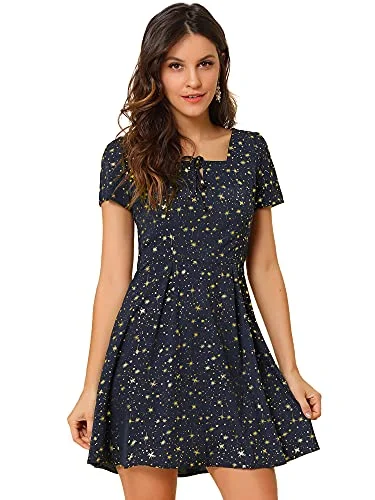 Women's Printed Casual Square Neck Short Sleeve Fit and Flare Dress | Original Brand A-line floral dresses