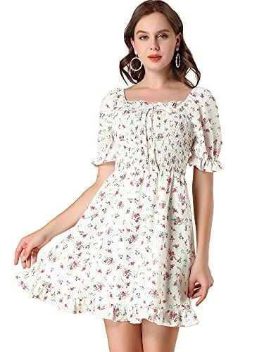 Women's Puff Sleeve Back Smocked Neck Floral Ruffled Hem Dress | Original Brand Y2K floral dresses