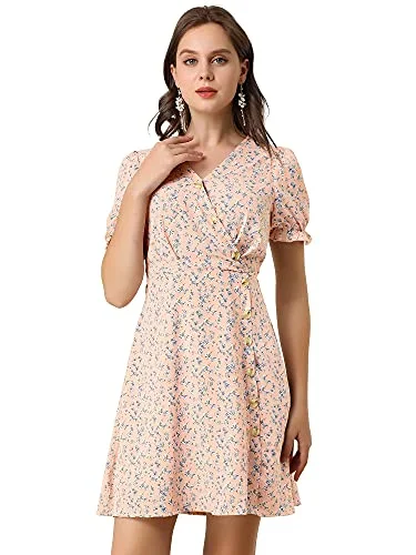 Women's Puff Sleeve Decor Button V Neck Fit and Flare Floral Dress | Original Brand Sexy floral print dresses