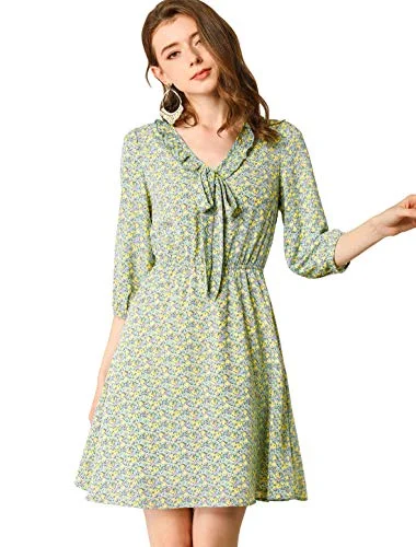 Women's Ruffle Neck Drop Bow Tie Loose Flowy Floral Dress | Original Brand Women's floral dresses