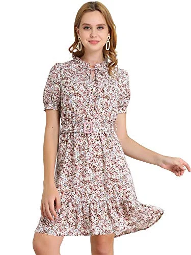 Women's Ruffle Neck Tie Neck Bubble Sleeve Belted Ruffle Hem Floral Dress | Original Brand High-end floral dresses