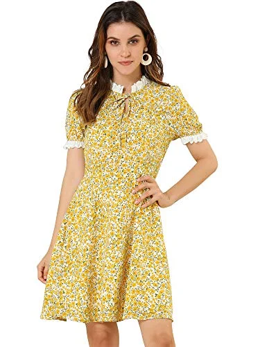 Women's Ruffle Self-Tie Neck Short Sleeve Floral Summer Dress | Original Brand Retro floral dresses