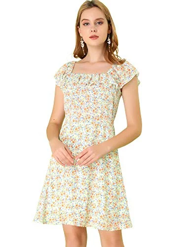 Women's Ruffled Elastic Neck Floral Print Flare Chiffon Dress | Original Brand Knitted floral dresses