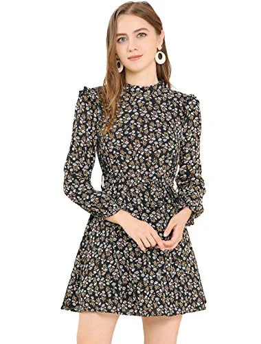 Women's Ruffled Trim Stand Collar Belted Vintage Daisy Floral Dress | Original Brand Best floral dresses for work