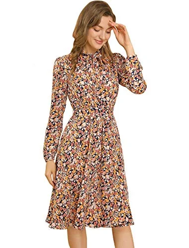 Women's Tie Neck Chiffon Long Sleeves Vintage Floral Print Belted Dress | Original Brand Women's trendy floral dresses sale