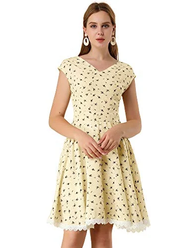 Women's V Neck Cap Sleeve Lace Trim Fit and Flare Floral Dress | Original Brand Best floral dresses for beach vacations