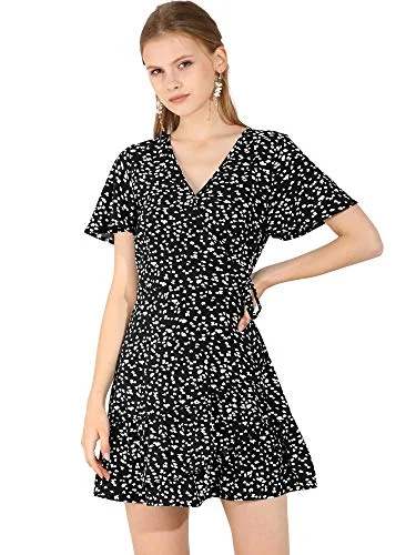 Women's Wrap V Neck Ruffled Flutter Sleeves Belted Printed Flowy Dress | Original Brand Mini floral dresses