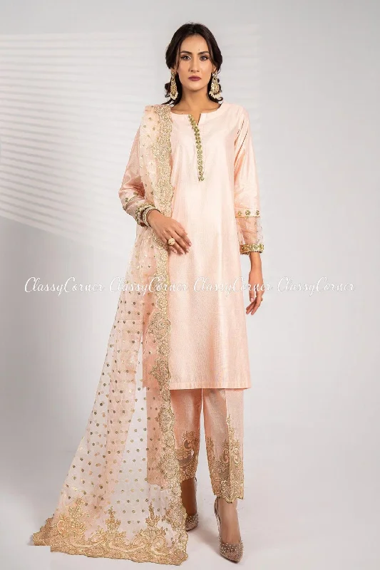 Apricot Peach Katan Embroidered Shalwar Kameez Stretchy unclassified dresses