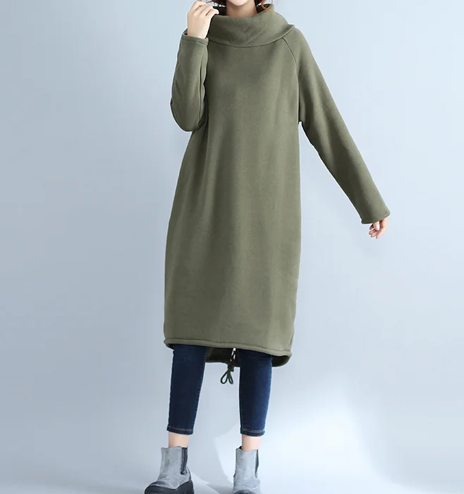 Army Green High Collar Fleece Loose Fall Dresses Casual Women Dresses SSM97213 Bodycon unclassified dresses