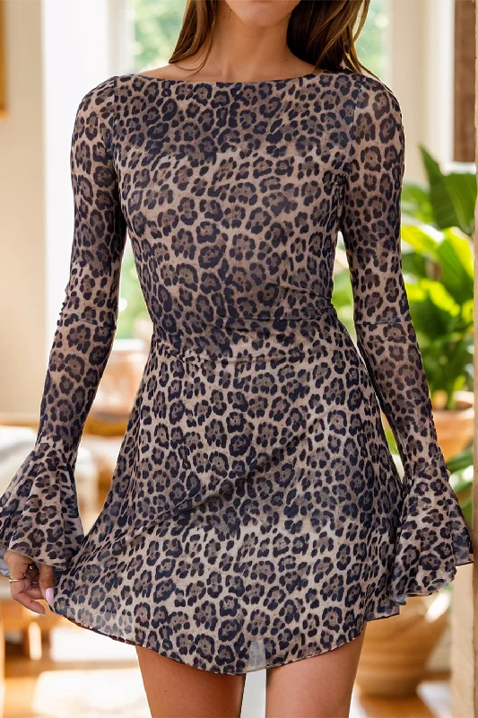 Backless Leopard Flare Sleeve Dress Sequin unclassified dresses