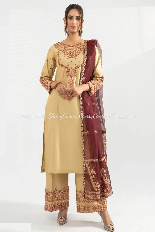 Beige Katan Embroidered Shalwar Kameez Satin unclassified dresses