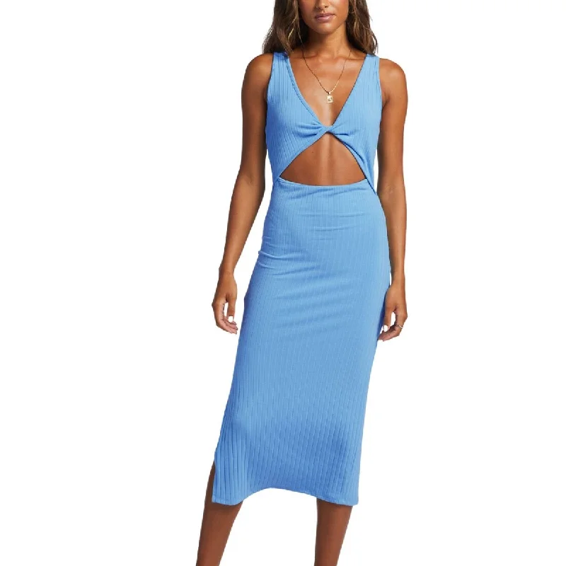 Billabong Take A Look Rib Knit Dress in Blue Daze Polka dot unclassified dresses