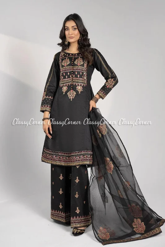 Black Katan Embroidered Readymade Frock Suit Bold pattern unclassified dresses