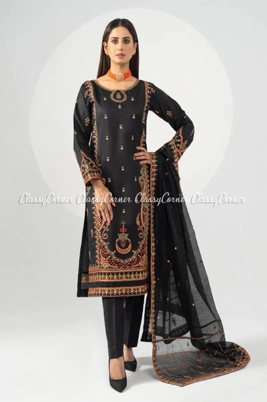 Black Multi Katan Embroidered Salwar Kameez Off-shoulder unclassified dresses