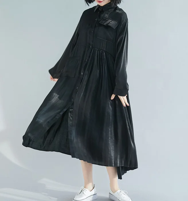 Black Patchwork Pleated Dresses Loose Fall Dresses Casual Women Dresses SSM97213 Ruffled unclassified dresses