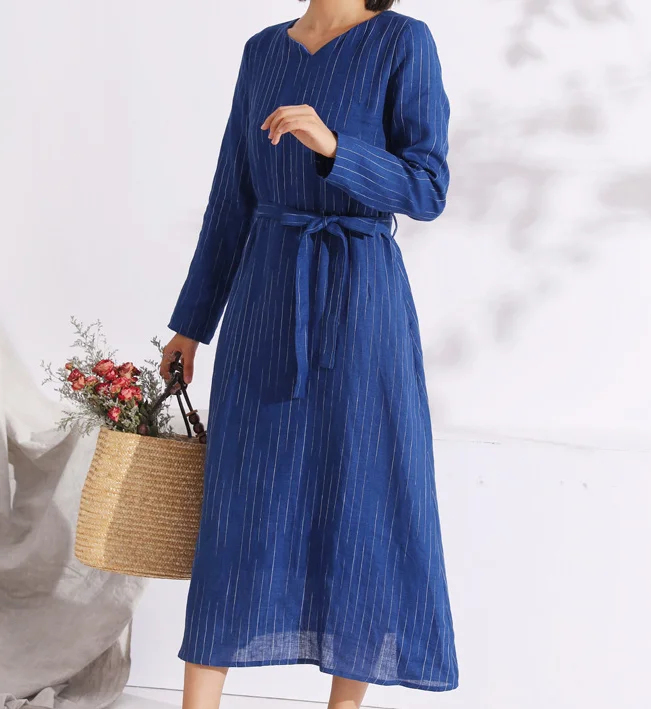 Blue Autumn linen Women Dresses Casual Fleece Lining Women Dress SSM97215 One-shoulder unclassified dresses