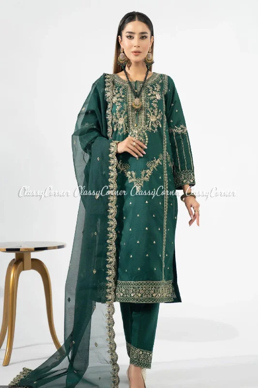 Bottle Green Katan Embroidered Formal Wear Suit Comfortable unclassified dresses