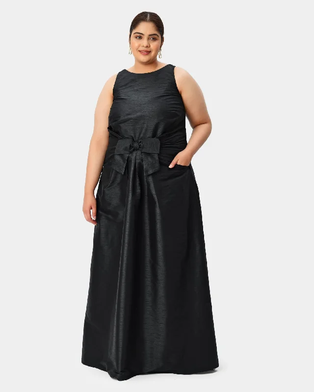 Bow tie pleat waist dupioni dress | Black One-shoulder unclassified dresses