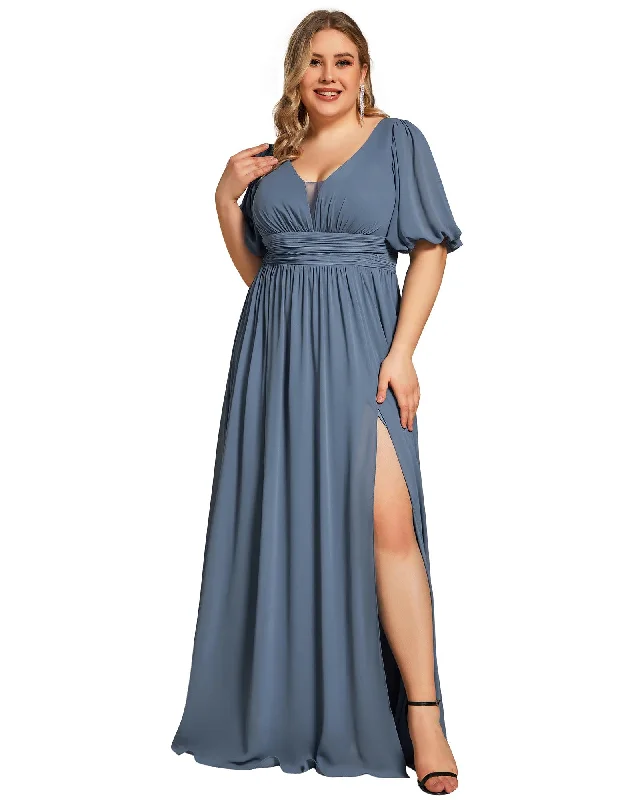 Chiffon Illusion V-Neck Flutter Sleeve Front Slit Evening Dress | Dusty Navy Bright color unclassified dresses