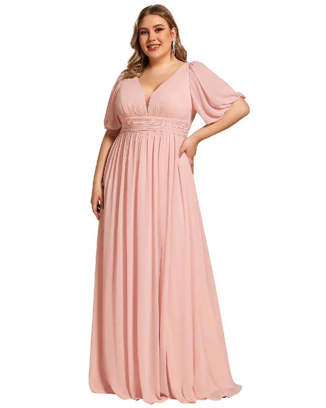 Chiffon Illusion V-Neck Flutter Sleeve Front Slit Evening Dress | Pink Spring unclassified dresses