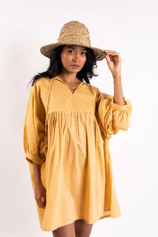 Amelia Cotton Boho Dress in Caramel With Billowing Sleeves and Front Tie Spring unclassified dresses