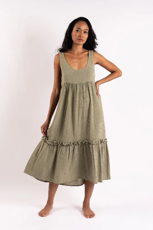 Eva Cotton Sleeveless Mid Length Green Dress With Wide Bottom Frill Smocked unclassified dresses