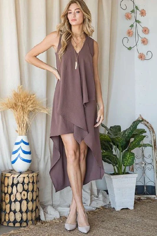 DRAPED FRONT HI-LOW DRESS IN MOCHA Comfortable unclassified dresses