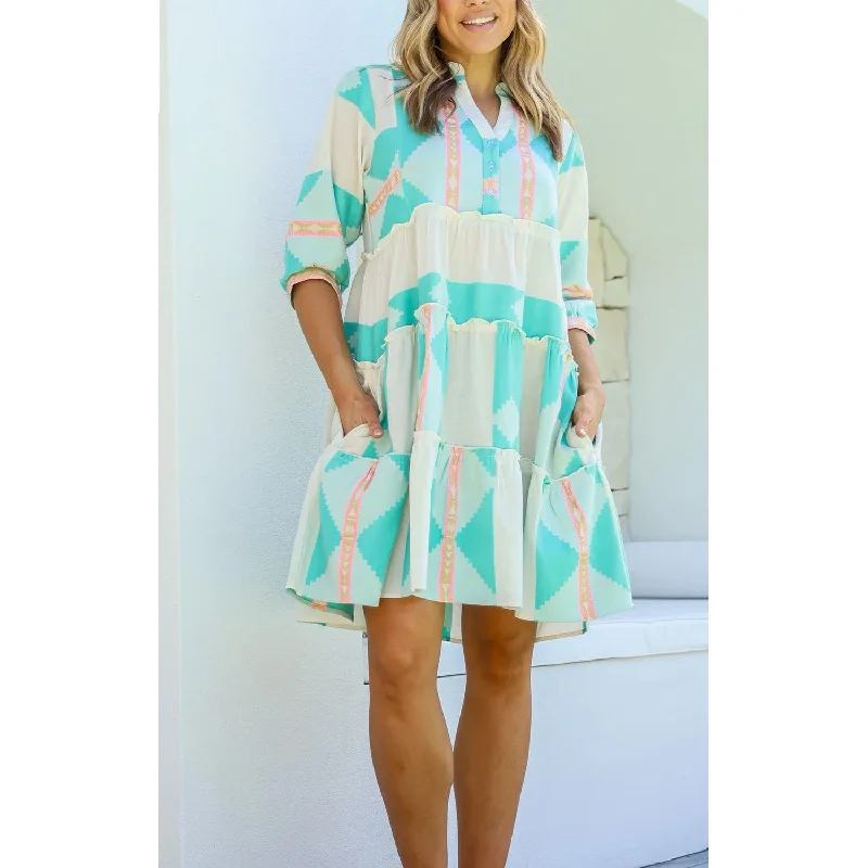 Dress Mediterranean Button Up - Teal & Pink Smocked unclassified dresses