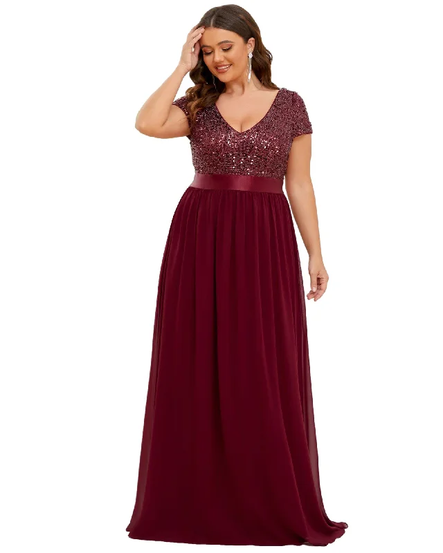 Empire Waist V-Neck Cap Sleeve Chiffon Evening Dress | Burgundy Boho unclassified dresses