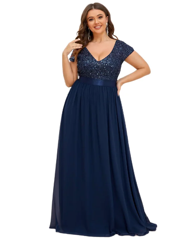 Empire Waist V-Neck Cap Sleeve Chiffon Evening Dress | Navy Blue Printed unclassified dresses