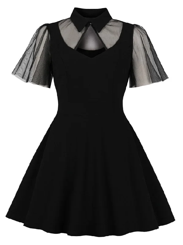 Gothic Cut-out Ruffle Sleeve Sheer Mesh Splicing Black Swing Dress Stretchy unclassified dresses