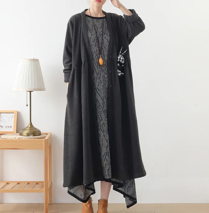 Gray V Neck Corduroy Buttons Dresses Loose Winter Autumn Dresses Casual Women Dresses ZRL97213 Elegant unclassified dresses