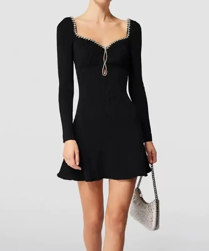 Jeweled Square Collar Black Knit Dress Chic unclassified dresses