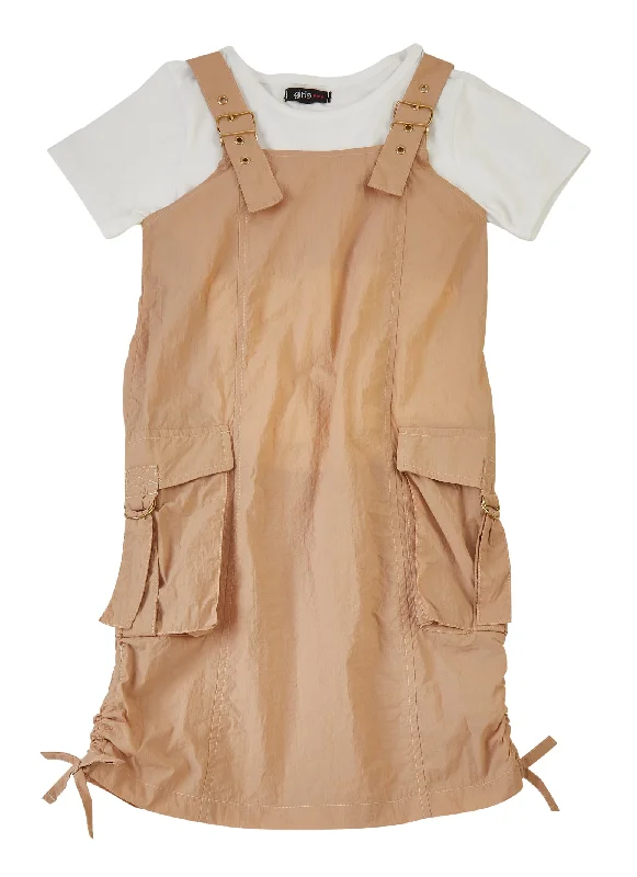 Girls Grommet Buckle Strap Cargo Dress with Tee Mesh unclassified dresses