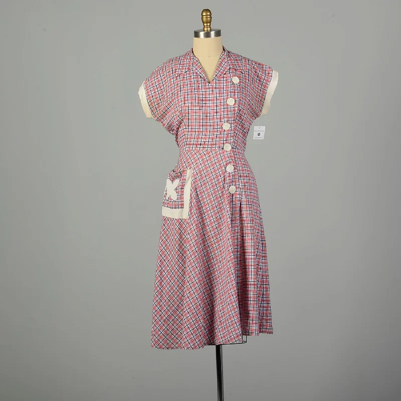 Large 1950s Day Dress Asymmetrical Red Plaid Cotton Tie Back Waist Winter unclassified dresses