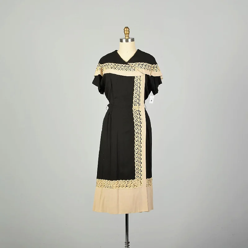 Large 1950s Wrap Dress Asymmetric Cape Collar Black Cream Applique Smocked unclassified dresses