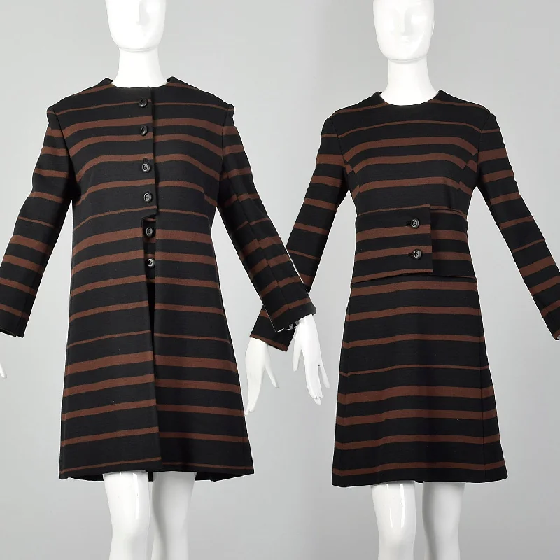 Large 1960s Wool Knit Two Piece Set Dress Jacket Cumberbund Ensemble Brown Black Horizontal Stripe Boho unclassified dresses