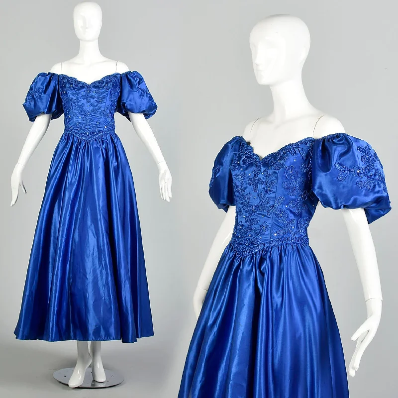 Large 1980s Mike Benet Formals Blue Ribbon Puff Sleeve Prom Dress Women's unclassified dresses