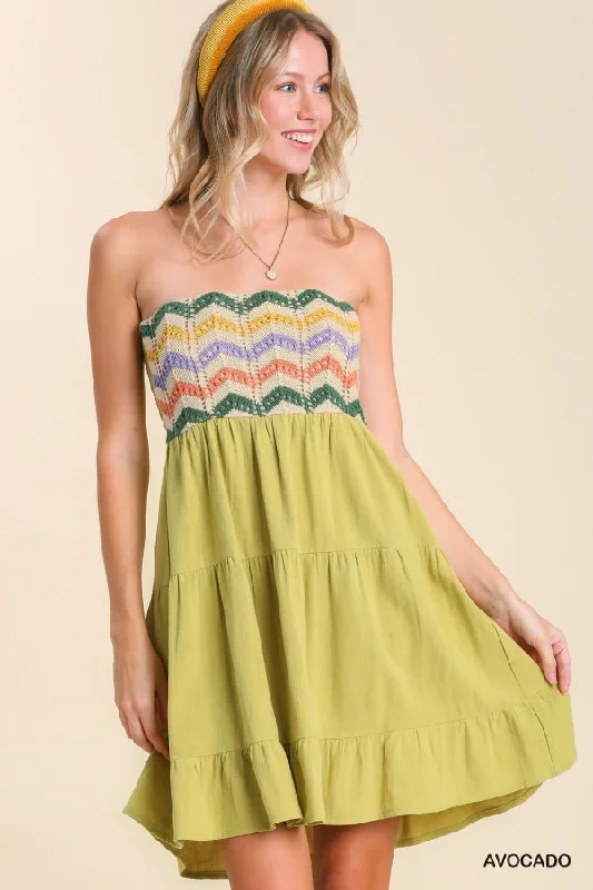 Linen Blend Strapless Tiered Dress with Crochet Overlay at Chest, & Smocked Back IN AVOCADO Designer unclassified dresses