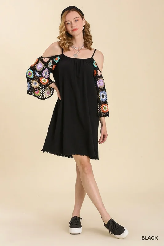 Linen Cold Shoulder Dress with Crochet Sleeve and Hem  IN BLACK Sleeveless unclassified dresses