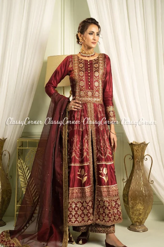 Maroon Katan Embroidered Readymade Suit Stretchy unclassified dresses