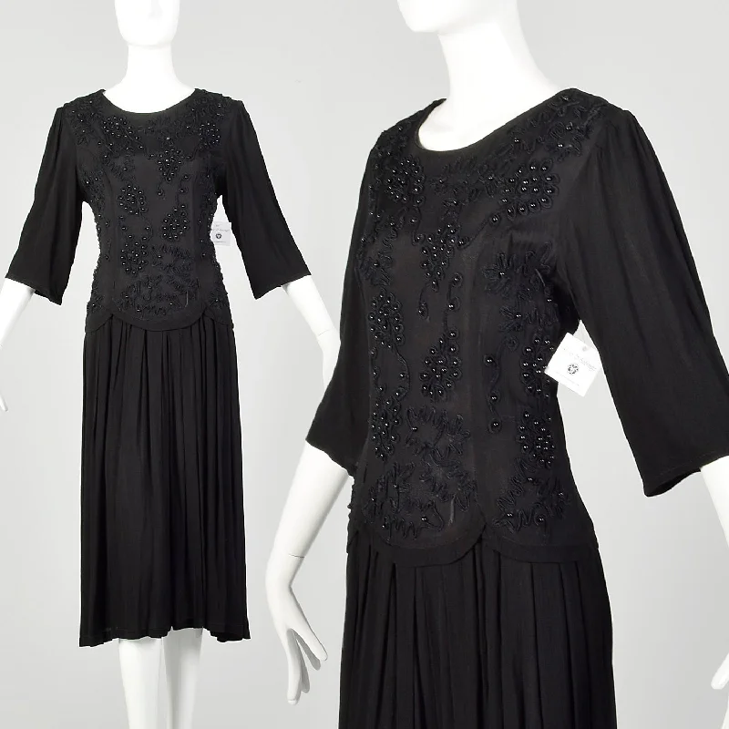 Medium 1990s Dress Black Beaded Crepe Quarter-Sleeve LBD Engagement unclassified dresses