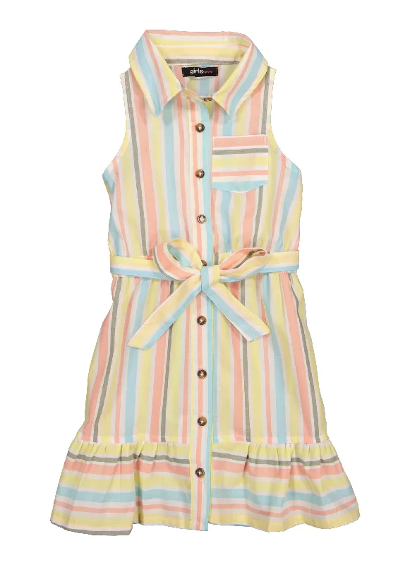 Little Girls Sleeveless Striped Tie Waist Belted Dress Designer unclassified dresses