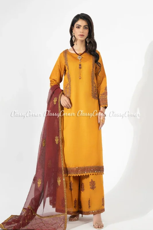 Mustard Maroon Katan Embroidered Readymade Suit Trendy unclassified dresses