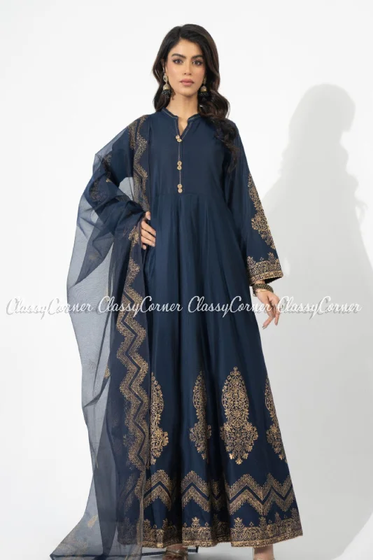 Navy Blue Katan Embroidered Formal Wear Frock Dress Flowy unclassified dresses